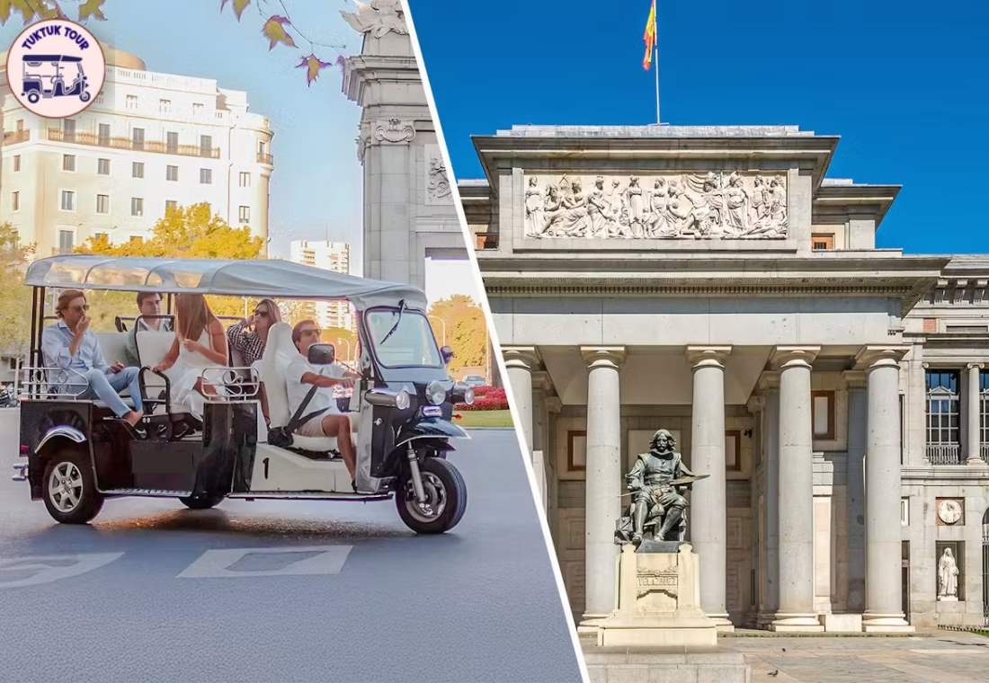 Tuk tuk parked near the Royal Palace of Madrid gates during a guided city tour