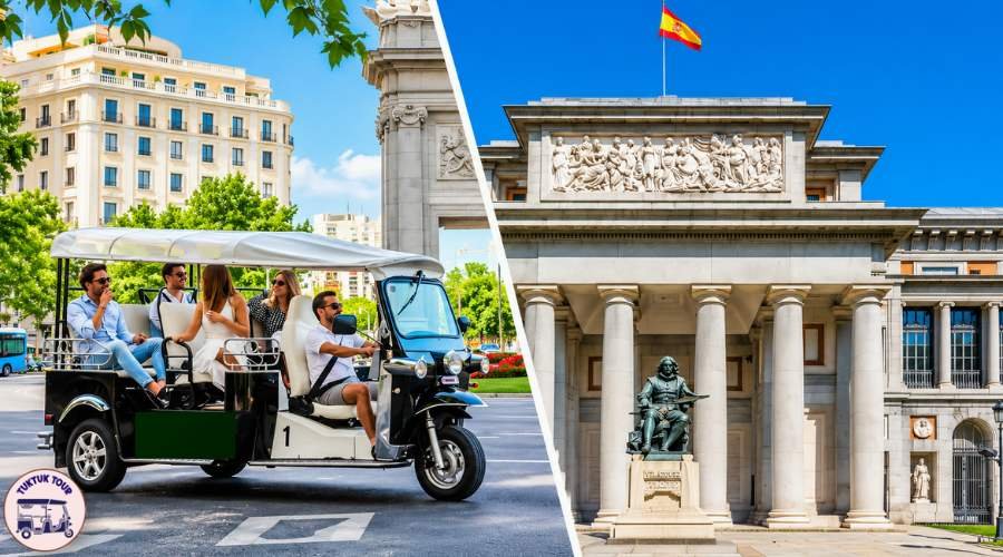 Electric tuk tuk passing the Royal Palace on the historical tuk tuk tour of Madrid's old town
